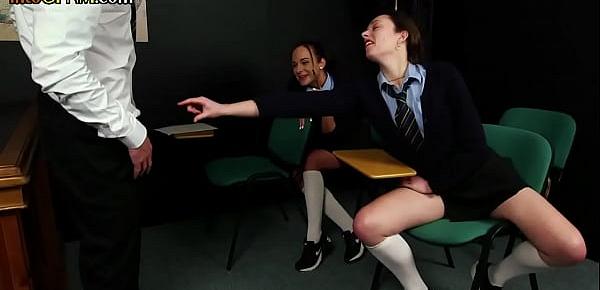  Dominating CFNM schoolgirls blowing nerds cock